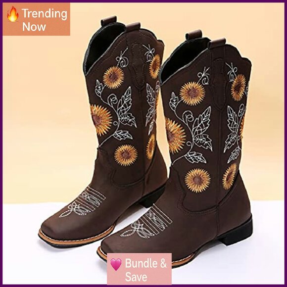 Women's Mid Calf Cowboy Boots Square Toe Low Heel Stitched Embroidery - Picture 4 of 8